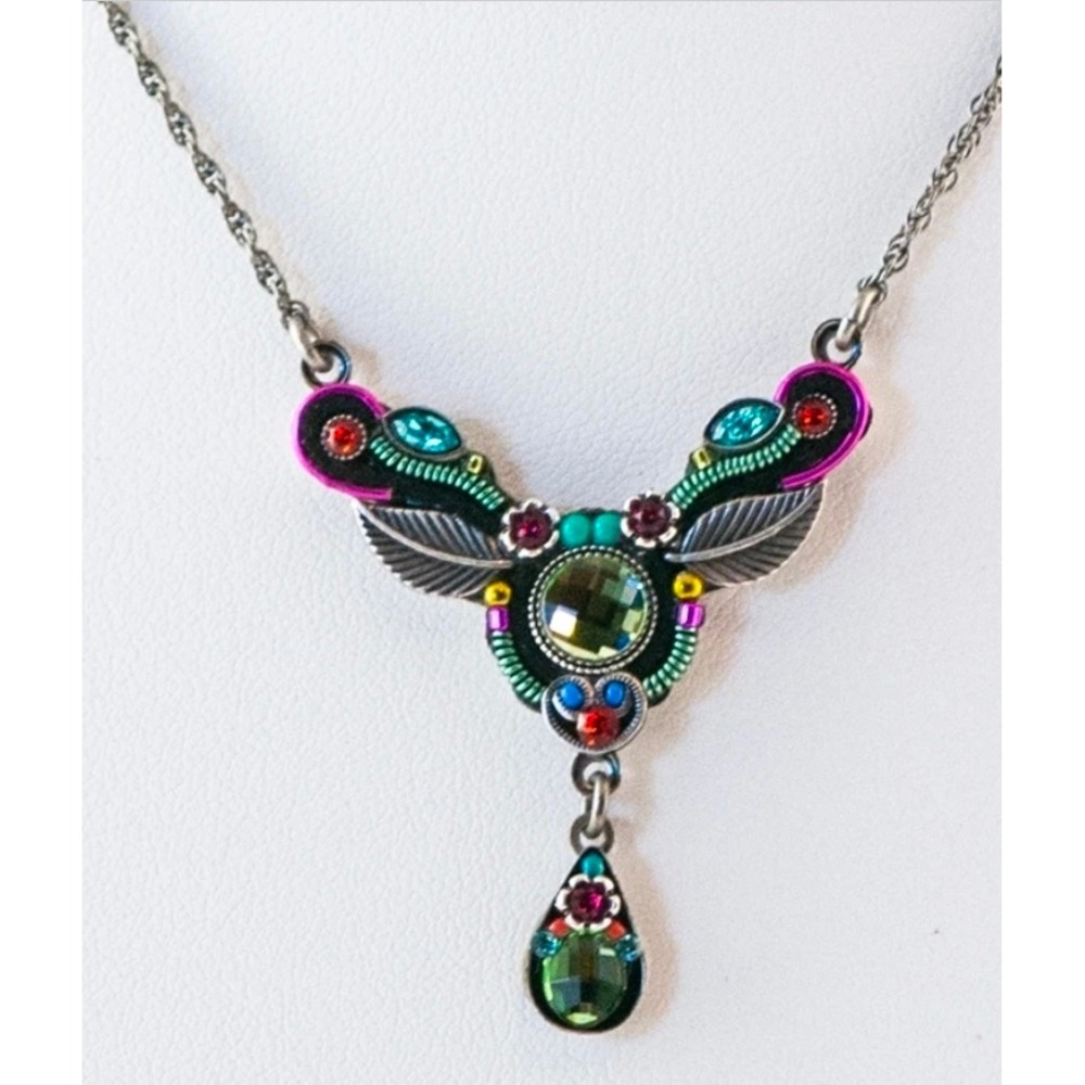 Firefly Multi Color Swarovski Crystal Mosaic Pendant Necklace Silver Tone Leaf